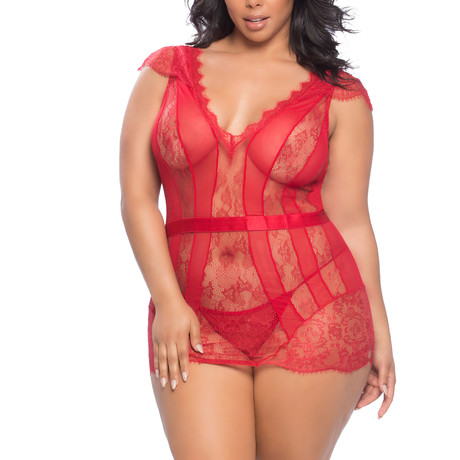 Charlette Striped Lace Babydoll + G-String // Red // Plus (1X)