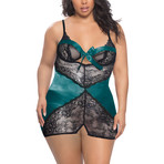 Satin Bow and Lace Babydoll // Everglade + Black // Plus (1X/2X)