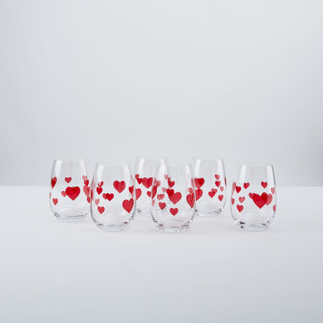 Stemless Wine Glasses Red Hearts // Set of 6