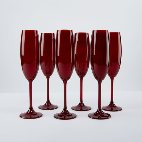 Bohemian Colored Red Champagne Flutes // Set of 6