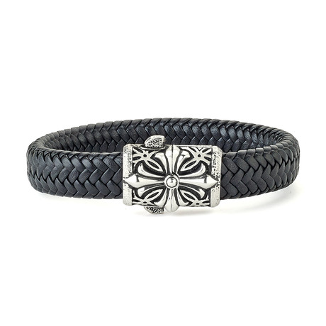 Cross + Woven Black Leather Bracelet