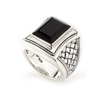 Wide Rectangle Black Onyx Ring + Woven Design (Size 9)