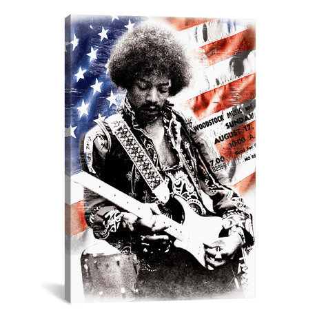 Jimi Hendrix (American Flag Background) // Radio Days (18"W x 26"H x 0.75"D)