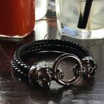 Black Leather Skull Bracelet (7"L)