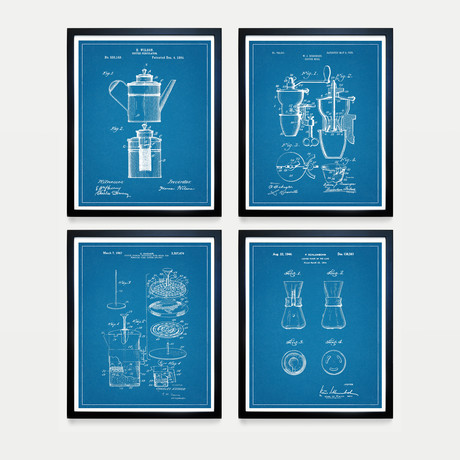 Coffee Patent Collection // 4 Print Set // Blueprint (8"W x 10"H)