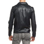 Textured Zip-Up Stand Collar Reversible Jacket // Navy (S)