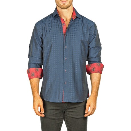 Checkered Long-Sleeve Button-Up Shirt // Navy + Red (XS)