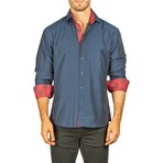 Checkered Long-Sleeve Button-Up Shirt // Navy + Red (3XL)