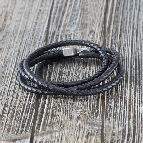 Braided Leather Hook Wrap Bracelet // Black