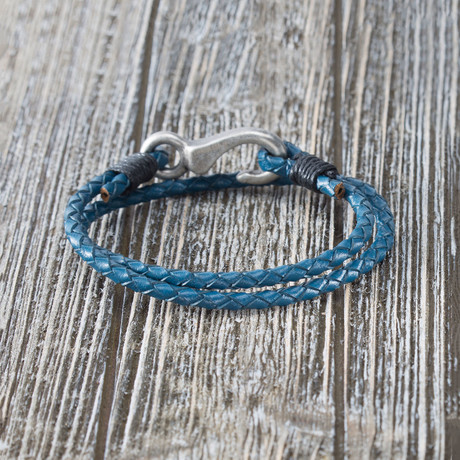 Braided Leather Hook Wrap Bracelet // Blue