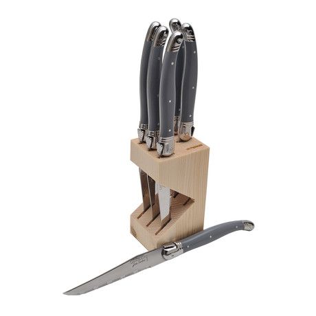 Gray Handled Steak Knives + Wooden Block // Set of 6