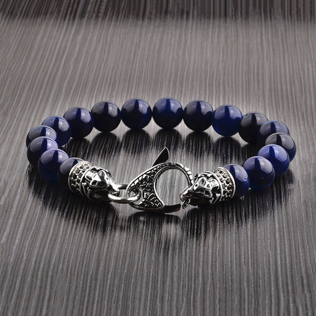 Antiqued Stainless Steel Polished Blue Agate Beaded Bracelet