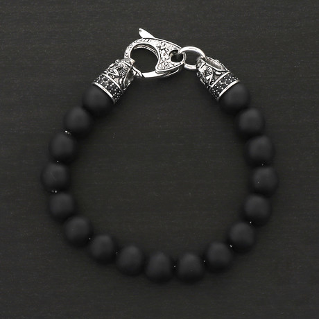 Antiqued Stainless Steel Matte Onyx Beaded Bracelet