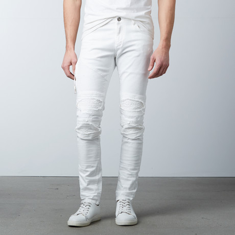 Heavy Distressed Ribbed Moto Jeans // White (30WX32L)