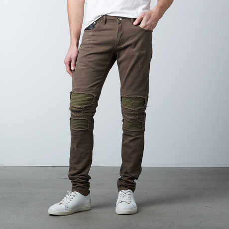 Heavy Distressed Ribbed Moto Jeans // Green (29WX30L)