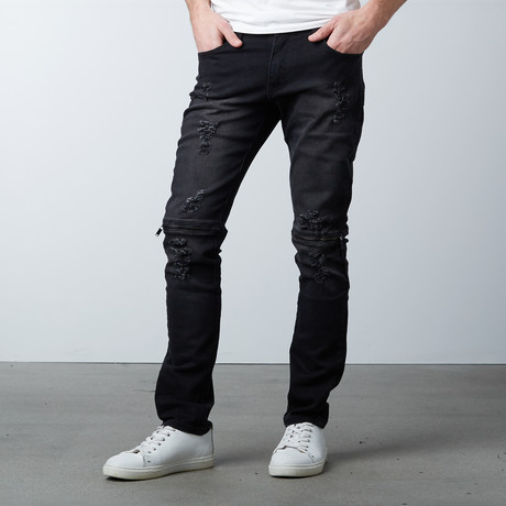 Faux Leather Trimmed Jeans // Black (29WX30L)