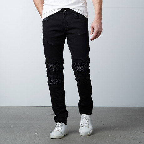 Heavy Distressed Ribbed Moto Jeans // Black (29WX30L)