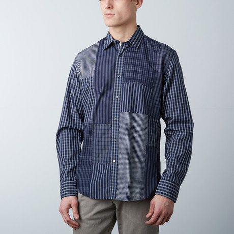 Patchwork Plaid + Stripe Shirt // Navy (S)