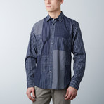 Patchwork Plaid + Stripe Shirt // Navy (2XL)