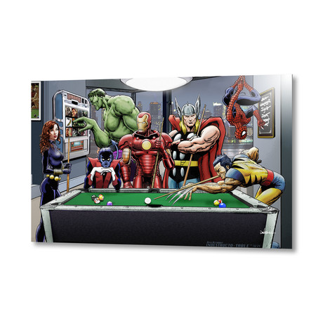Afterhours: Marvel Superheroes Relax Playing Pool // Aluminum Print (24"W x 16"H x 1.5"D)
