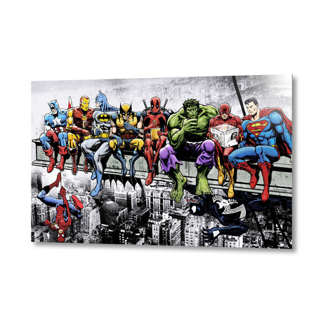 Marvel and DC Superheroes Lunch Atop A Skyscraper // Aluminum Print (24"W x 16"H x 1.5"D)