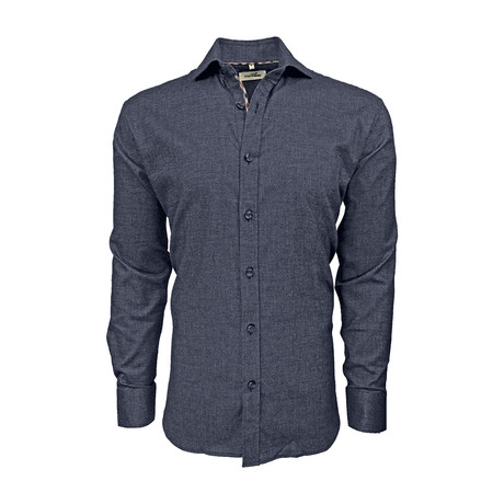Stretch Cotton Semi Fitted Check Accent Shirt // Navy (S)
