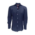 Semi Fitted Dot Print Shirt // Navy Dots + Red (M)