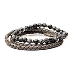 Leather + Snowflake Bead Stackable Bracelet Set // Gray