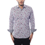 Cell Phone Print Long-Sleeve Button-Up // Purple + White (L)