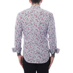 Cell Phone Print Long-Sleeve Button-Up // Purple + White (M)