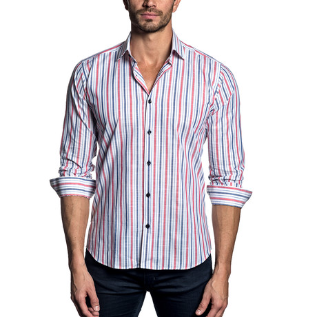 Woven Button-Up // Blue + Coral Stripe (M)