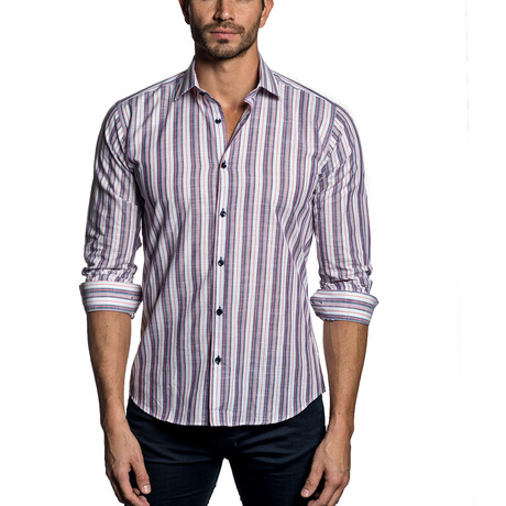 Woven Button-Up // Blue + Red Stripe (S)