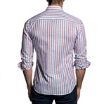 Woven Button-Up // Blue + Coral Stripe (M)