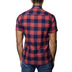 Woven Short Sleeve Button-Up // Red + Navy Plaid (S)