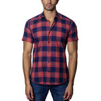 Woven Short Sleeve Button-Up // Red + Navy Plaid (S)