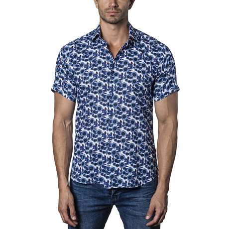 Woven Short Sleeve Button-Up Shirt II // White + Blue (S)