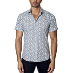 Woven Short Sleeve Button-Up Shirt I // White + Blue (L)