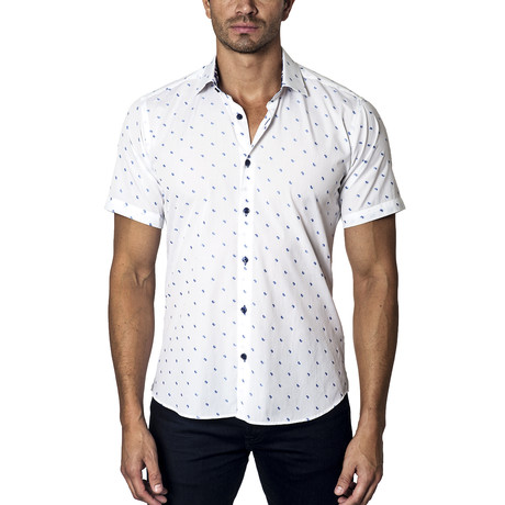 Woven Short-Sleeve Button-Up // White + Blue (S)
