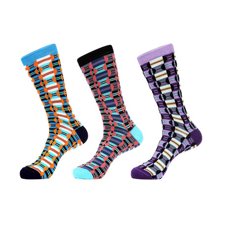 Dress Socks // Circles And Lines // Pack of 3 (Blue, Black, Purple)