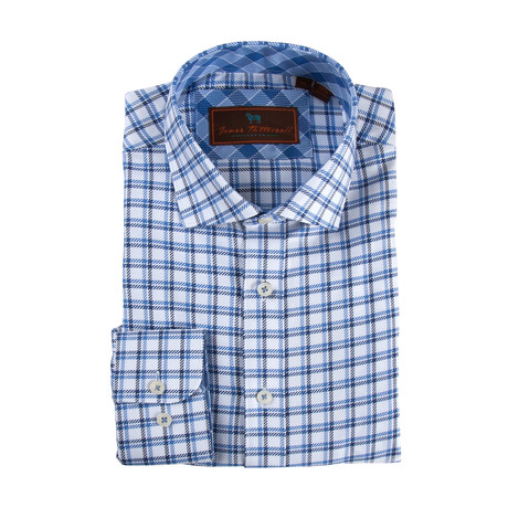 Spread Collar Button-Up Shirt // White + Black + Blue (XS)