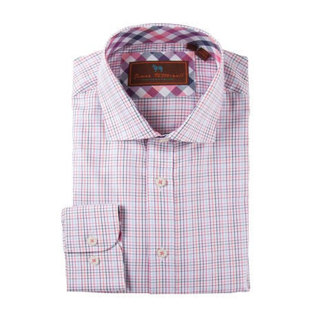 Cotton Button-Up Shirt // Pink + Orange + Black Grid (S)