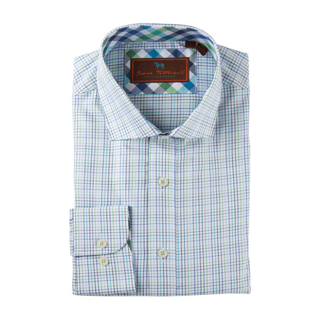 Cotton Button-Up Shirt // Green + Blue + Black Grid (S)