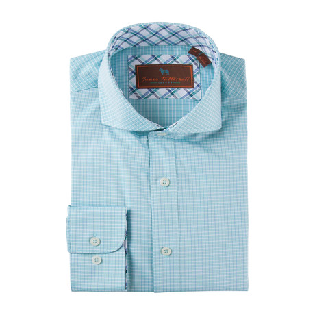 Cotton Button-Up Shirt // Teal + White Grid (S)