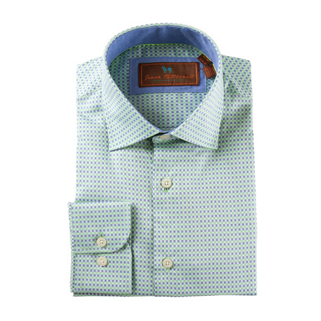 Cotton Button-Up Shirt // Green + White + Grey Square (S)