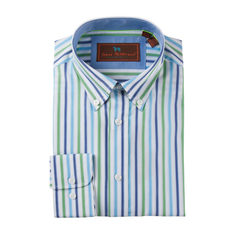Cotton Button-Up Shirt // Green + Blue Stripe (S)