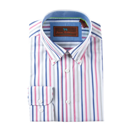 Cotton Button-Up Shirt // Pink + Grey + Blue Stripe (S)