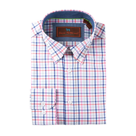 Cotton Button-Up Shirt // Pink + Blue + Grey Grid (S)