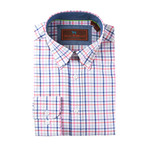 Cotton Button-Up Shirt // Pink + Blue + Grey Grid (L)