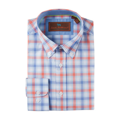 Cotton Button-Up Shirt // Blue + Coral Check (S)