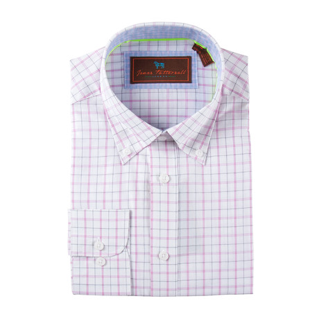 Cotton Button-Up Shirt // Pink + Grey Grid (S)